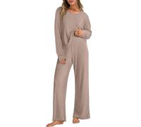 Joligiao Women's Ribbed Lounge Wear Co Ord Sets Soft Two Piece Outfit for Travel Airport Lightweight Tracksuit Crew Neck Long Sleeve Top High Waisted Wide Leg Trousers Matching Pajamas Leisure Suits