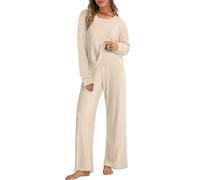 Joligiao Women's Ribbed Lounge Wear Co Ord Sets Soft Two Piece Outfit for Travel Airport Lightweight Tracksuit Crew Neck Long Sleeve Top High Waisted Wide Leg Trousers Matching Pajamas Leisure Suits
