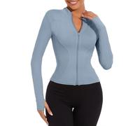 Joligiao Women's Running Jacket Slim Fit Gym Tops Long Sleeve Full Zip Sports Jackets with Thumb Holes Ladies Running Tee Shirts Quick Dry Sport Jacket Workout Activewear Blue M