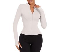 Joligiao Women's Running Jacket Slim Fit Gym Tops Long Sleeve Full Zip Sports Jackets with Thumb Holes Ladies Running Tee Shirts Quick Dry Sport Jacket Workout Activewear Wihte XL White