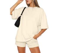 Joligiao Womens Shorts Co Ord Sets for Causal Summer Two Piece Tracksuit Lounge Wear Sets Crew Neck Shirt and Beach Shorts with Pockets Gym Airport Yoga Outfit(Khaki,L)