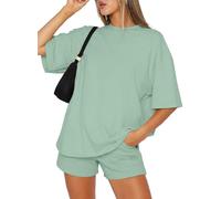 Joligiao Womens Shorts Co Ord Sets for Causal Summer Two Piece Tracksuit Lounge Wear Sets Crew Neck Shirt and Beach Shorts with Pockets Gym Airport Yoga Outfit(Green,XL)