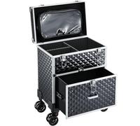 Joligrace Makeup Case Vanity Case Large Beauty Makeup Trolley on Wheels with Drawer Make Up Box Organiser Nail Polish Organiser Storage, Black and Silver