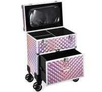 Joligrace Makeup Case Vanity Case Large Beauty Makeup Trolley on Wheels with Drawer Make Up Box Organiser Nail Polish Organiser Storage, Shiny Pink
