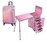Joligrace Makeup Case Vanity Case Large Make Up Box Makeup Trolley on Wheels Beauty Box with 5 Drawers Portable Manicure Nail Table Make Up Organiser Storage, Pink