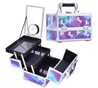 Joligrace Vanity Case Makeup Box Cosmetic Organiser Box Beauty Storage Makeup Up Train Case with Mirror and Magnification(5X) Spot Mirror, Purple Unicorn