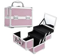 Joligrace Vanity Case Makeup Organiser Box Beauty Case Nail Polish Organiser Box Make Up Case with Mirror, 2 Trays, Lockable, Size: 19.5 x 15 x 16cm (Pink)