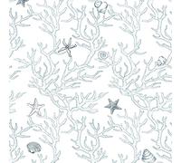 JOLIHOME Blue and White Self Adhesive Wallpaper Marine Life Effect Peel and Stick Contact Paper Coral Starfish Shells Pattern Wall Sticker Roll for Bathroom Worktop Waterproof 44.5x1000cm