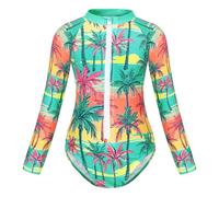 Jolikley Girls Swimming Costume One Piece Bathing Suits Palm Tree Print Tankini Long Sleeve Swimsuit Kids Swimwear Holiday in The Sun Beachwear All in One Swimming Costumes 5-6 Years Color