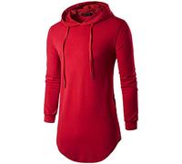 JOLiME Mens Hipster Hip Hop Long Sleeve Longline Pullover Hoodies Sweatshirt with Side Trim Red, XXL