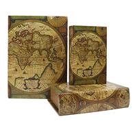 Jolitac Decorative Book Boxes World Map Pattern Antique Book Invisible box with Magnetic cover, Faux Wood Set of 3 Storage Set (Map)