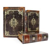 Jolitac Decorative Book Boxes World Map Pattern Antique Book Invisible box with Magnetic cover, Faux Wood Set of 3 Storage Set (Dark Vintage)