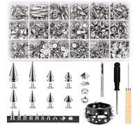 Jollidecor 455 PCS Punk Studs for Clothing, 10 Size Metal Spikes and Studs Leather Rivets for Craft, Square Pyramid Studs Round Dome Rivets DIY Punk Style Decoration for Clothes Shoes Belts Dog Collar