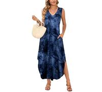 JollieLovin Women Plus Size Summer Tank Maxi Dresses Sleeveless Causal V Neck Beach Long Dresses Swim Cover up (L-5X), Tiedye-darkblue, L