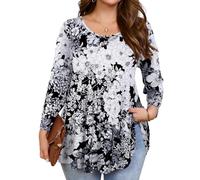 JollieLovin Womens 3/4 Sleeve Loose Fit Swing Tunic Tops Basic T Shirt, White Flowers, XXXXL