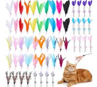 JolliLudo 60 Pcs Cat Wand Feather Toys Refill Colorful Cat Wand Replacement Feathers Toy for Interactive Kitten Fishing Pole Feather Attachments with Bells for Indoor Stray Cats to Exercise and Play
