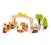 Jollix Wooden nativity set, 18 pieces - children's Christmas nativity scene with stable & star, Christmas tree, Three Wise Men, Mary & Joseph, ox & donkey - hand-painted colourful décor & gift