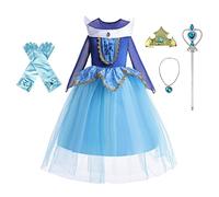 Jolly Fancy - Sleeping Beauty Princess Aurora Costume Fancy Party Dress Up Set with Crown & Accessories for Kids Girls Age 7-8 Years, Blue