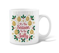 Jolly Holiday Quote Ornaments Christmas Ceramic Coffee Mug 11oz | Holly Leaves, Tea Cup, Red Berries, Gold Star Accents, Winter Seasonal Theme, Cozy Morning Beverage Mug