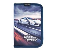 JOLLY Race for Speed Design 1 Zip Pencil Case, Dark Blue, 30 Pieces Filled with Colouring Pencils, Fibre Tips, Graphite Pencils and Accessories, Ideal School Pencil Case for Boys