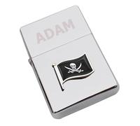 Jolly Roger Pirate Design Wave Flag Lighter Personalised with a Name or Initials, Chrome Finish, Presented in Box