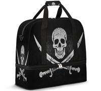 Jolly Roger Pirate Skull Travel Duffel Bag for Women Men, Grunge Skeleton Foldable Sports Gym Bag Weekend Overnight Totes Carry on Cabin Bag with Shoes Compartment