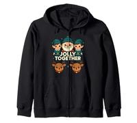 Jolly Together Retro Santa Elves Reindeer Christmas Art Zip Hoodie