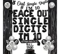 Jollyboom 10th Birthday Decoration for Boys Girls, Peace Out Single Digits i'm 10 Banner Cake Topper Sash Foil Balloons Fringe Curtain Black for 10 Year Old Birthday Party