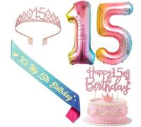 Jollyboom 15th Birthday Decorations for Girls, It's My 15th Birthday Sash and Tiara, Pink Glitter Cake Topper Rainbow Pastel Number 15 Foil Balloon for 15 Years Old Girl Quinceanera Party Gifts