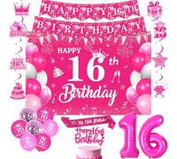 Jollyboom 16th Birthday Decorations for Girls, Hot Pink Happy 16th Birthday Backdrop Banner Hanging Swirls Cake Topper Sash Balloon 16 Foil for 16 Years Old Girl Sweet 16th Bday Party Supplies Gifts