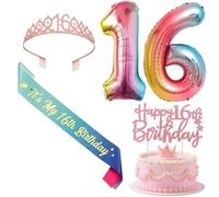 Jollyboom 16th Birthday Decorations for Girls, It's My 16th Birthday Sash and Tiara, Pink Glitter Cake Topper Rainbow Pastel Number 16 Foil Balloon for 16 Year Old Girl Sweet 16th Party Supplies Gift