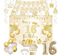 Jollyboom 16th Birthday Decorations Girls, Happy 16th Birthday Sash and Tiara Backdrop Banner Hanging Swirls Cake Topper Balloons 16 Foil White and Gold for Girl Sweet 16th Bday Party Decorations