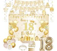 Jollyboom 18th Birthday Decorations for Girls White and Gold, Happy 18th Birthday Sash and Tiara Backdrop Banner Hanging Swirls Cake Topper Balloons 18 Foil for Her 18 Years Old Bday Party Supplies