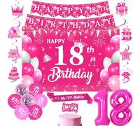 Jollyboom 18th Birthday Decorations for Her Hot Pink, Happy 18th Birthday Decorations Backdrop Banner Hanging Swirls Cake Topper Sash Balloons 18 Foil for Girl 18 Year Old Bday Party Supplies