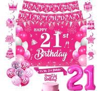 Jollyboom 21st Birthday Decorations for Her, Happy 21st Birthday Decorations Hot Pink Backdrop Banner Hanging Swirls Cake Topper Sash Balloons 21 Foil for Women Girl 21 Year Old Bday Party
