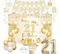 Jollyboom 21st Birthday Decorations for Her White and Gold, Happy 21st Birthday Sash and Tiara Backdrop Banner Hanging Swirls Cake Topper Balloons 21 Foil for Women 21 Years Old Bday Party Supplies