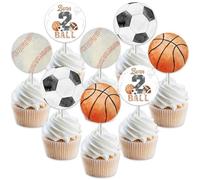 Jollyboom 24PCS Basketball Cupcake Toppers, Born 2 Ball 2nd Birthday Decoration Basketball Soccer Football Baseball Rugby Double-sided Printing Cupcake Toppers for Boy Sport Theme 2nd Birthday Party