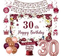 Jollyboom 30th Birthday Decorations Burgundy, Happy 30th Birthday Sash Tiara Wine Red Flowers Backdrop Banner Hanging Swirls Cake Topper Balloons 30 Foil for Women Her 30 Years Old Party Supplies Gift