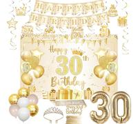 Jollyboom 30th Birthday Decorations for Her, White and Gold Happy 30th Birthday Sash and Tiara Backdrop Banner Hanging Swirls Cake Topper Balloons 30 Foil for Women 30 Years Old Bday Party Supplies