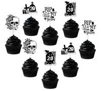 Jollyboom 36pcs Rip to My Teens Birthday Cupcake Toppers, Gothic 20th Decoration Double-Sided Black Cardstock 4 Designs for Kissing My Teens Goodbye Hello Twenties Party for Women Men