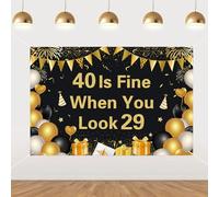 Jollyboom 40 is Fine When You Look 29 Backdrop - 5 x 3f (150 x 100cm) Black Gold Vinyl Banner - 40th Birthday Party Background for Men | Funny & Stylish Photo Wall