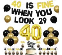 Jollyboom 40 Is Fine When You Look 29 Birthday Decorations - Black Gold Theme with Foil Balloons Banner and Cake Toppers - 40th Birthday Party Supplies for Men