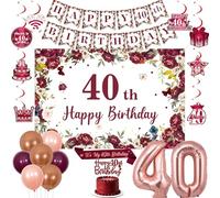 Jollyboom 40th Birthday Decorations Burgundy, Happy 40th Birthday Sash Tiara Wine Red Flowers Backdrop Banner Hanging Swirls Cake Topper Balloons 40 Foil for Her Women 40 Years Old Party Supplies Gift