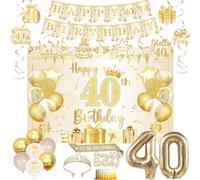 Jollyboom 40th Birthday Decorations Girl, Happy 40th Birthday Sash and Tiara Backdrop Banner Hanging Swirls Cake Topper Balloons 40 Foil White and Gold for Women 40 Years Old Bday Party Decorations