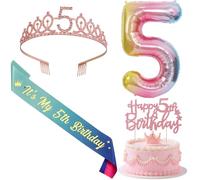Jollyboom 5th Birthday Decorations Girl, 5th Birthday Sash and Tiara, Pink Glitter Cake Topper Rainbow Pastel Number 5 Foil Balloon for 5 Years Old Girl Hi Five Party Supplies Gifts
