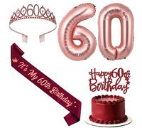 Jollyboom 60th Birthday Decorations for Her, Wine Red Burgundy Birthday Decorations It's My 60th Sash Cake Topper Tiara Banner Number 60 Foil Balloon for 60 Year Old Women Gift Party Supplies