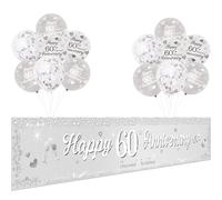Jollyboom 60th Wedding Anniversary Decorations Banner, Happy 60th Anniversary Backdrop Banner Silver White for Men Women 60th Diamond Wedding Anniversary Cheers to 60th Years Courtyard Garden Yard
