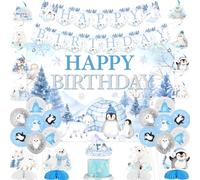 Jollyboom Arctic Animals Birthday Decorations, Winter Woodland Happy Birthday Backdrop Cake Topper Banner Balloons Honeycomb Ball Hanging Swirls Streamer for Penguin Arctic Polar Party