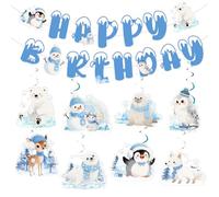 Jollyboom Arctic Animals Birthday Decorations, Winter Woodland Happy Birthday Banner 8pcs Hanging Swirls Streamer for Penguin Arctic Polar Party