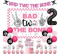 Jollyboom Bad Two the Bone Birthday Decorations Girl, Rock and Roll 2nd Birthday Party Bad Two the Bone Backdrop Banner Cake Cupcake Toppers 2 Foil Balloon for Music 2nd Bday Decorations